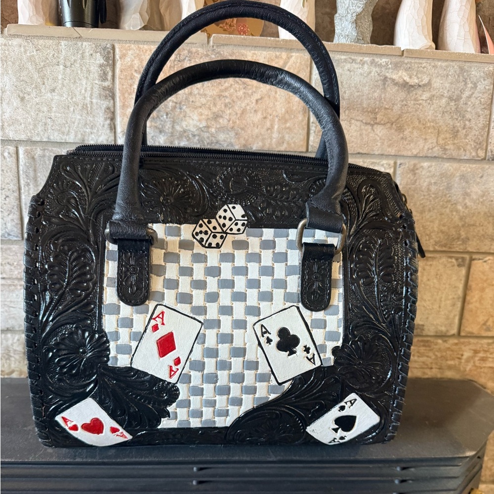 Leather Western Tooled Black Card Motif Satchel